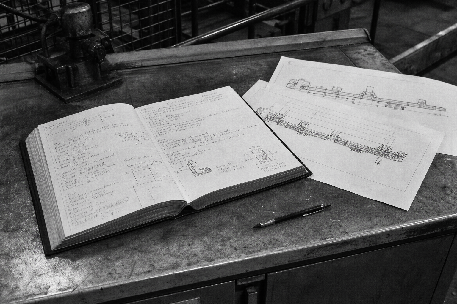 Cuaderno y notas técnicas de planta sobre un escritorio industrial